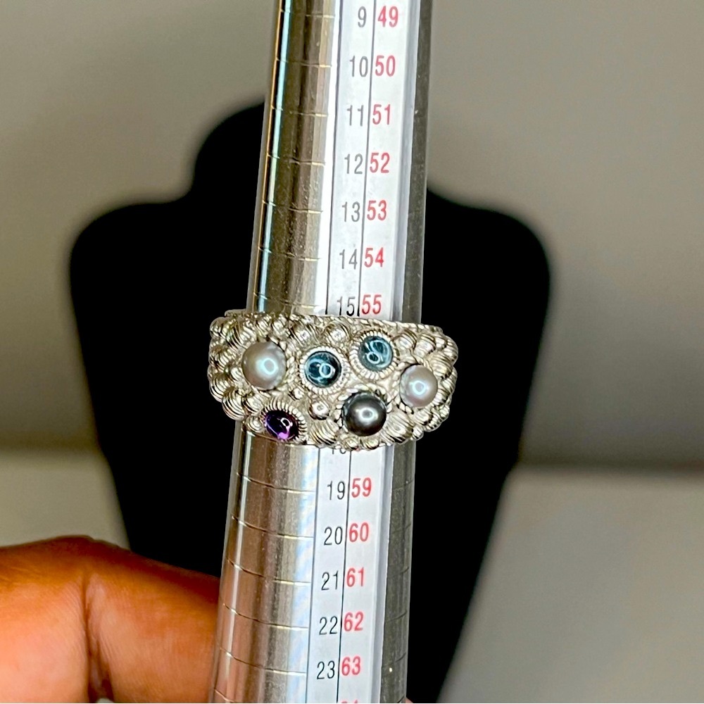 RARE Judith Ripka Silver Ring with Pearls and Purple Accent